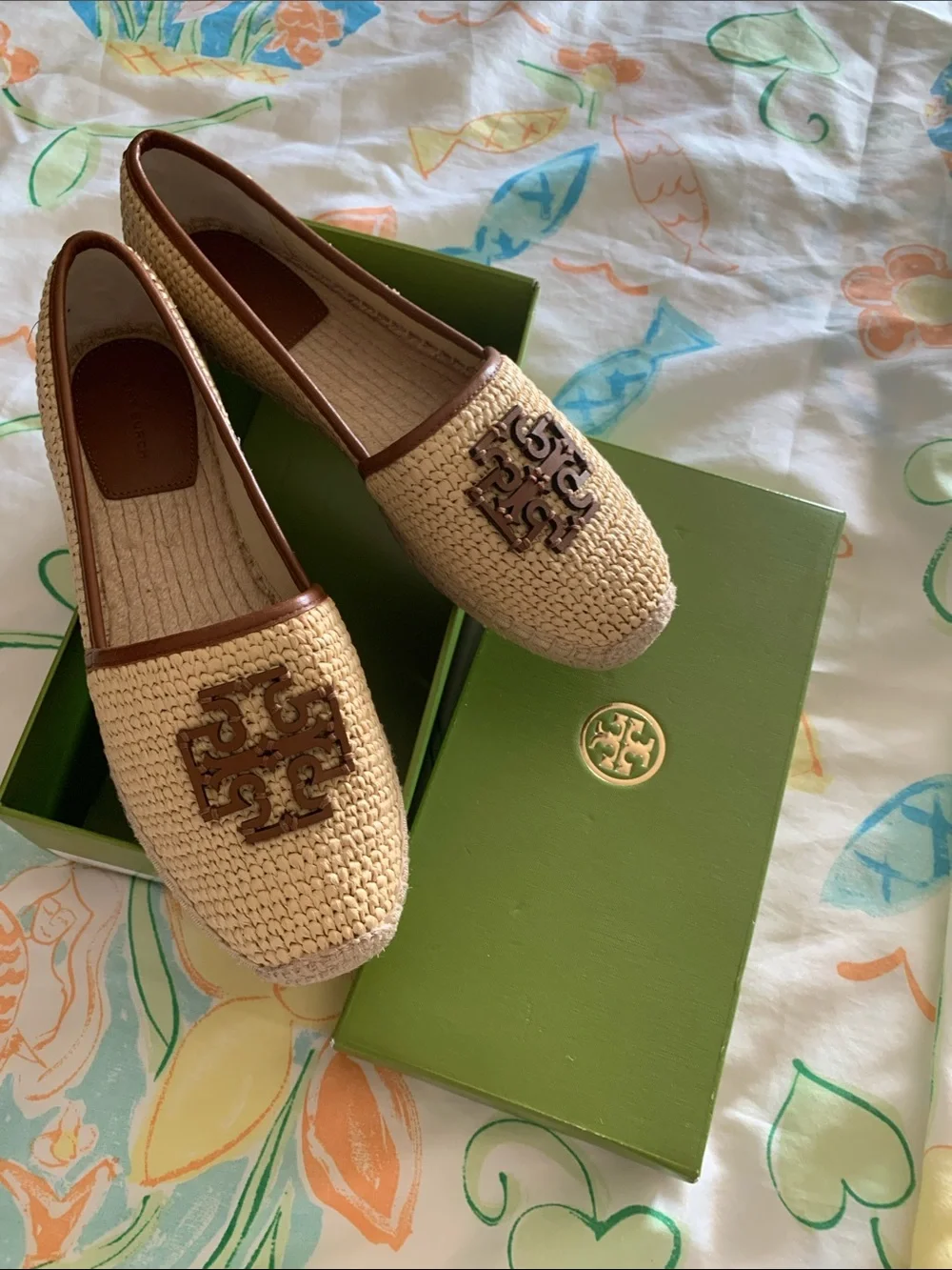 Tory Burch Natural Raffia Espadrille Flats with Brown Logo Trim  Size 10